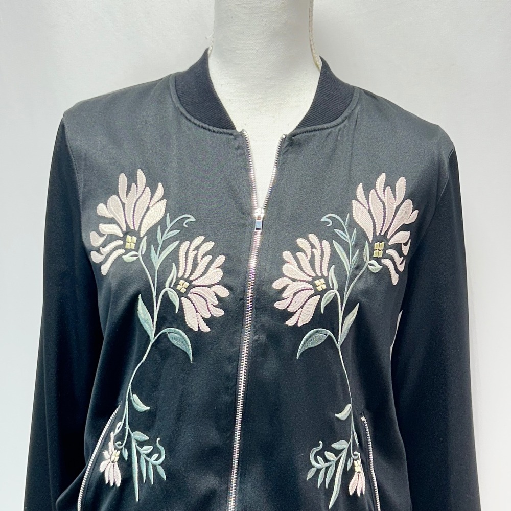 Honey Bella Black Embroidered Floral Bomber Jacket Womens Size S - Picture 2 of 10